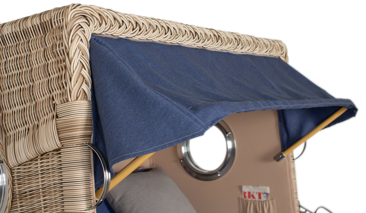 Strandkorb Rantum Grande Bullauge Teak PE Shell Dessin 595 Beige